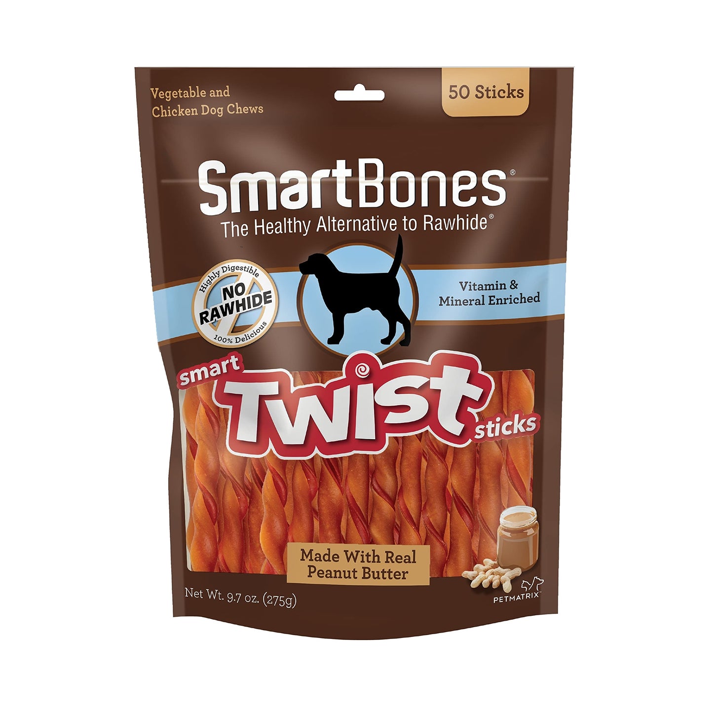 DreamBone Twist Sticks with Real Bacon and Cheese Flavor 50 Count, Rawhide-Free Chews for Dogs & SmartBones Smart Twist Sticks with Peanut Butter 50 Count