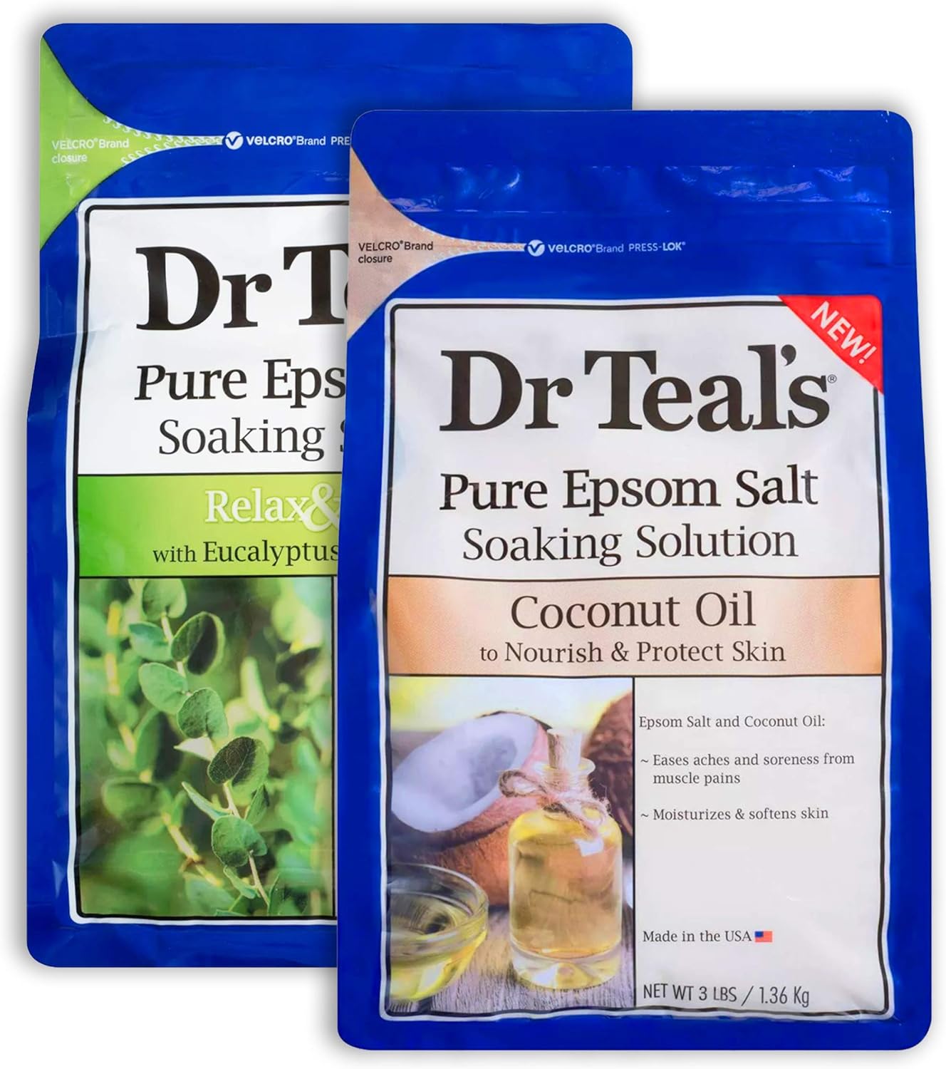 Dr Teal's Epsom Salt Bath Variety Gift Set (2 Pack, 3lb Ea) - Relax & Relief Eucalyptus & Spearmint, Nourish & Protect Coconut - Essential Oils & Pure Epsom Salt
