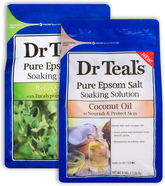 Dr Teal's Epsom Salt Bath Variety Gift Set (2 Pack, 3lb Ea) - Relax & Relief Eucalyptus & Spearmint, Nourish & Protect Coconut - Essential Oils & Pure Epsom Salt
