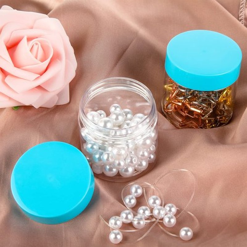 6 Pack Clear Container with Lids Small Plastic Pot Jars Wide Mouth Round Leak Proof Plastic Container Jars with Lid for Travel Storage, Eye Shadow, Nails, Paint, Jewelry (2 oz, Blue)