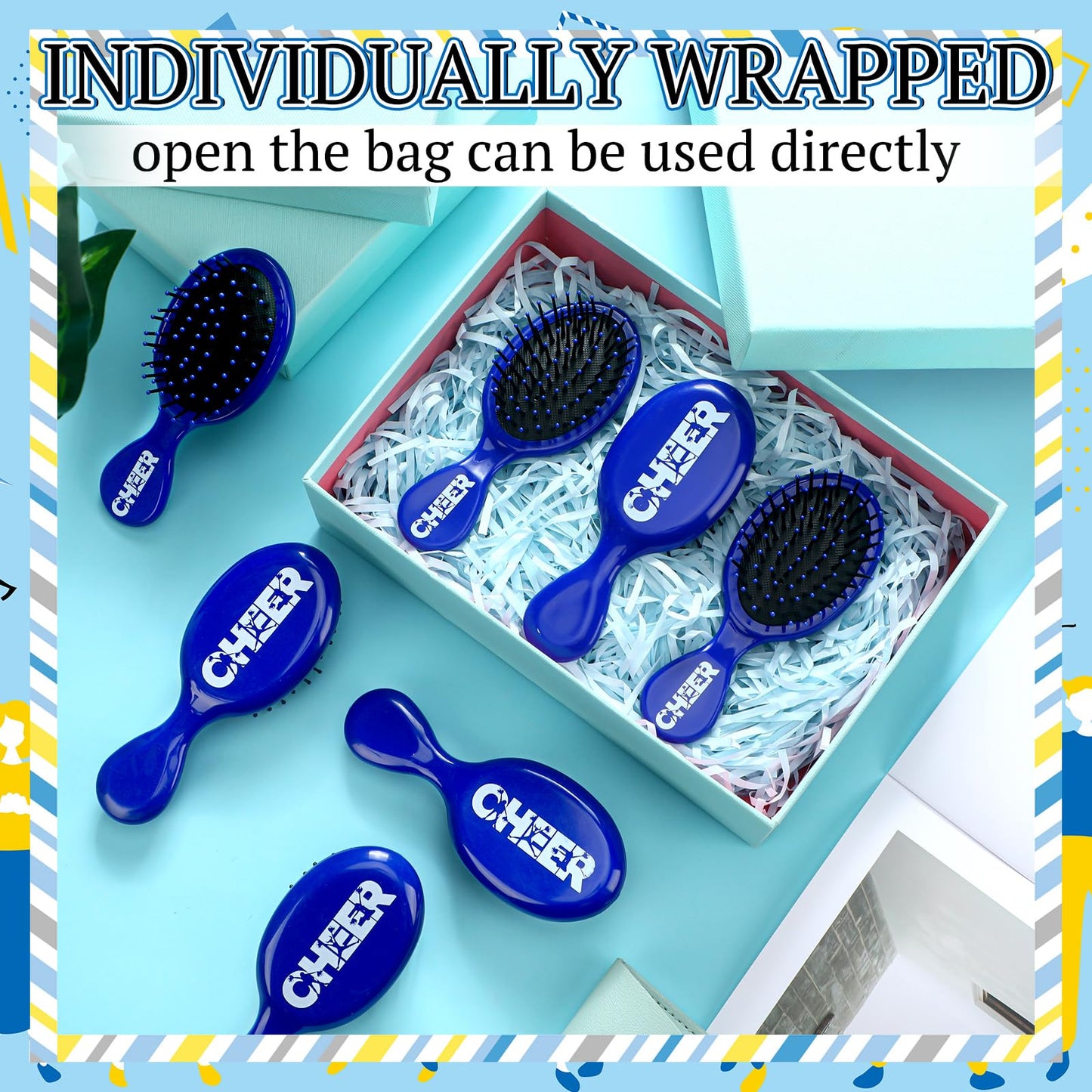SiliFine 20 Pack Cheer Mini Hair Brushes Bulk Cheer Gifts Bulk for Team Detangling Hair Brushes Plastic with Bristles for Cheerleader Team Sport Valentine Gifts for Women(Blue)