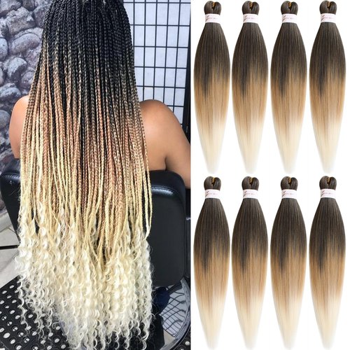 Unionbeauty Pre Streched Braiding Hair 36 Inch 8 Packs Ombre Brown Blonde Long Brading Hair Soft Yaki Texture Easy Braid Hair for Braids Hot Water Setting Synthetic Crochet Hair Extensions (1B27613#)