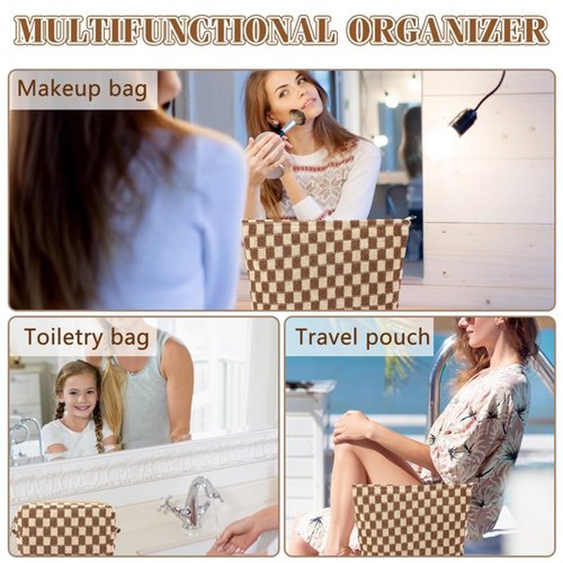 ZLFSRQ 2Pcs Checkered Makeup Bag for Women Large Cosmetic Bag Set Travel Toiletry Bag Makeup Pouch Bag for Purse Brown Zipper Storage Bag Organizer Cute Small Aesthetic Girls Car Essentials Bag