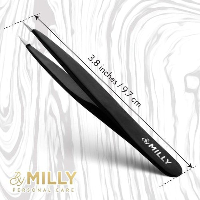 By MILLY Pointed Tweezers | High Carbon Stainless Steel Needle Nose Tweezers | Fine Point Tweezers Precision Hair Removal | Perfectly Aligned & Hand-Filed Sharp Tweezers | Black