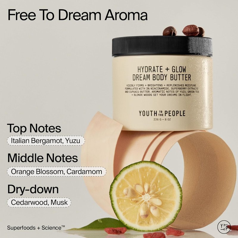 Superberry Hydrate + Glow Dream Body Butter - Brightens Skin Tone with 3% Niacinamide, Jojoba Oil & Vegan Ingredients | 8 oz Scented Lotion