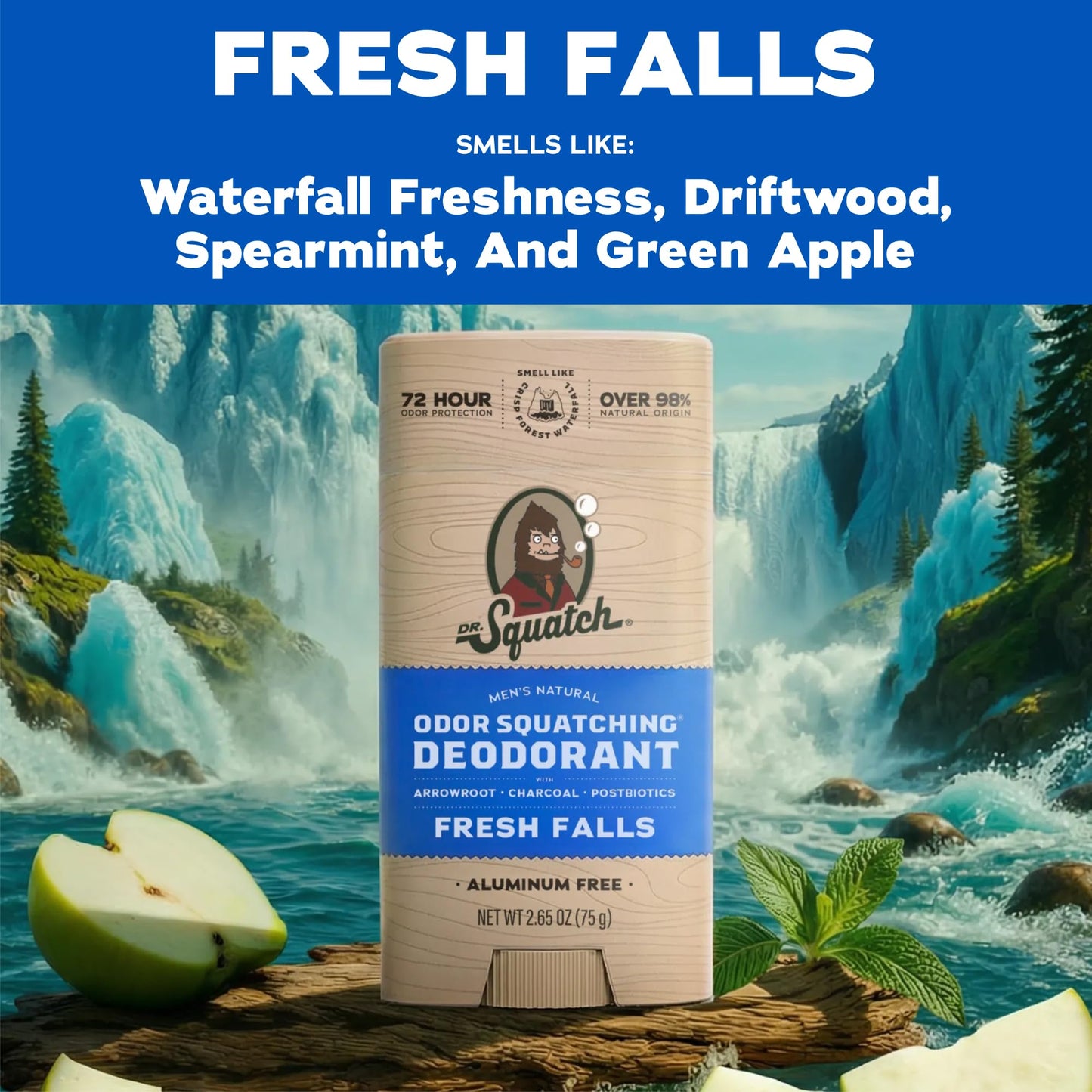 Dr. Squatch Natural Men’s Deodorant – Aluminum Free Natural Deodorant Men with Charcoal & Postbiotics for 72-Hour Odor Protection – Fresh Falls, 2.65oz Stick