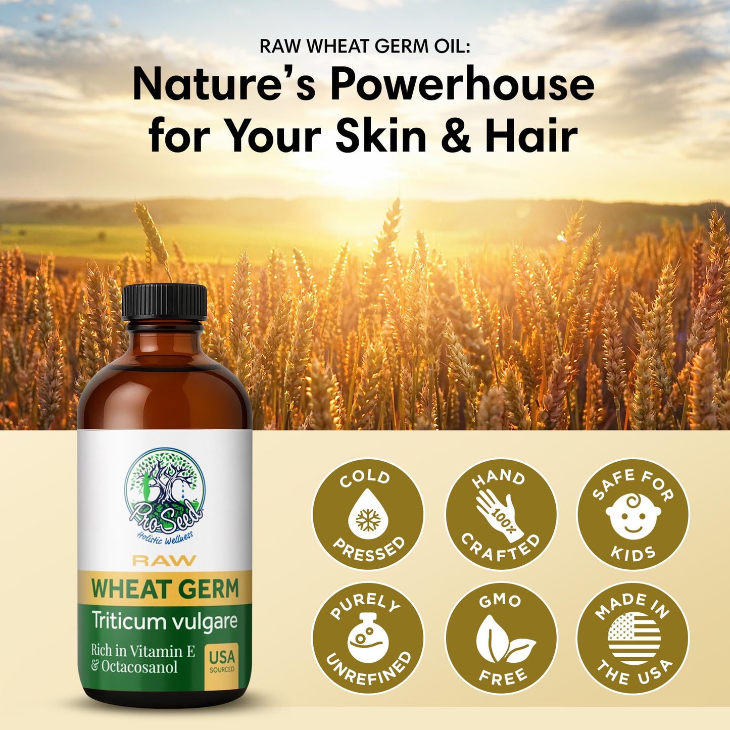 ProSeed Handmade Raw Wheat Germ Oil – Virgin, Unfiltered & Cold-Pressed Non-GMO Carrier Oil – High in Vitamin E & Omega Fatty Acids for Hair, Face, Skin & Body – 480ml (16oz) Glass Bottle