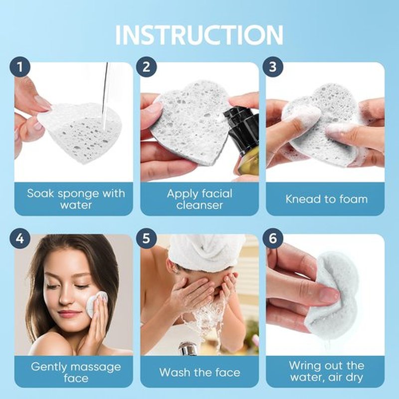 GAINWELL 50-Count Heart Shape Compressed Facial Sponges for Daily Facial Cleansing and Exfoliating, 100％ Natural Cosmetic Spa Sponges for Makeup Remover, White
