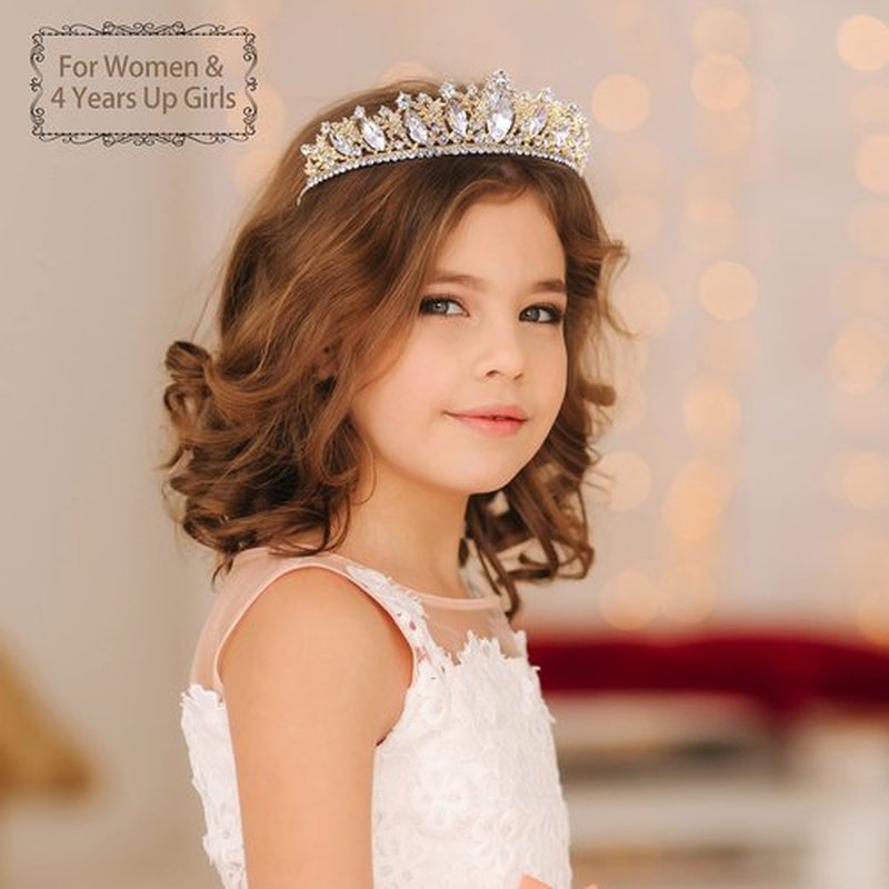 Oriamour Glamorous Crystal-Studded Wedding Crown with Leafy Accents and Combs (Gold, Normal)