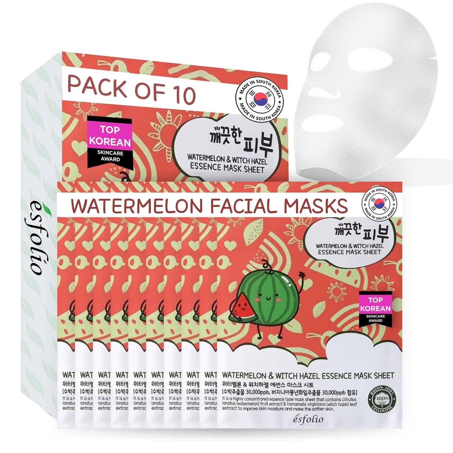 esfolio Pure Skin Face Sheet Mask - Hydrating Korean Face Mask for Dark Spots, Pore Care, Oil Control and Improves Skin with Moisturizing and Soothing (Watermelon)