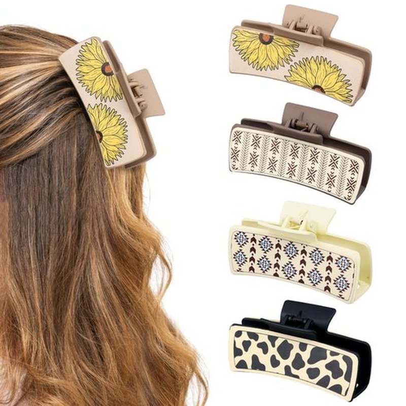 4 Pcs Western Hair Clips for Women, Yellow Chrysanthemum, Cow Print, Square Claw Clips, Vintage Print Western Claw Clips, Country Stuff Headdress Gifts for Women Girls (B)