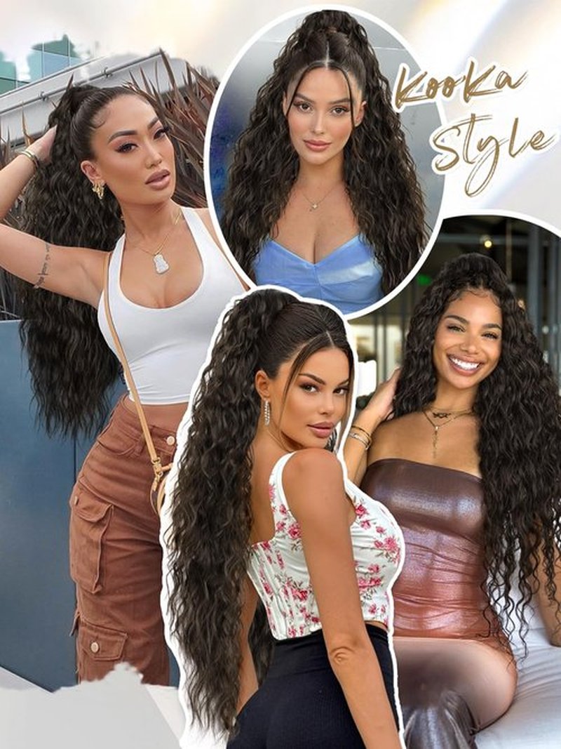 KooKaStyle Ponytail Extensions, 30 Inch Drawstring Clip-on Long Wavy Ponytail Synthetic Curly Hairpieces for Women and Girls (30 Inch, Medium Brown)