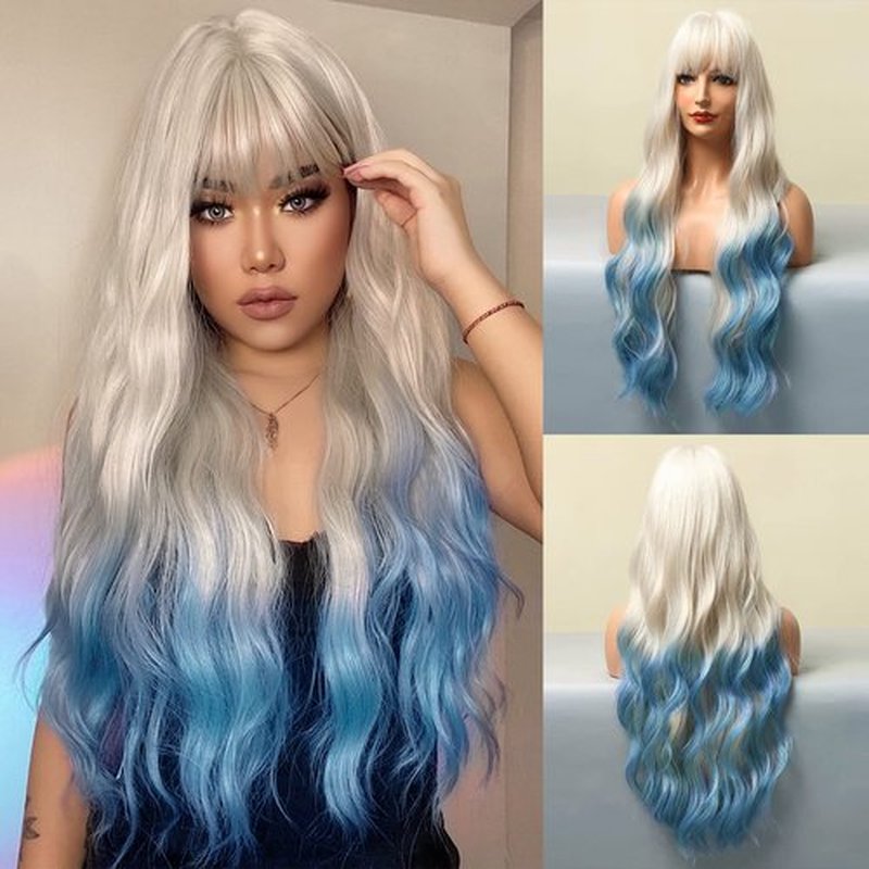 FORCUTEU Ombre Blue Wig with Bangs Long Ombre Blue Wigs for Women Long Wavy Blue Wig Ombre Wavy Heat Resistant Wigs for Daily Party (Ombre Blue 26inch)