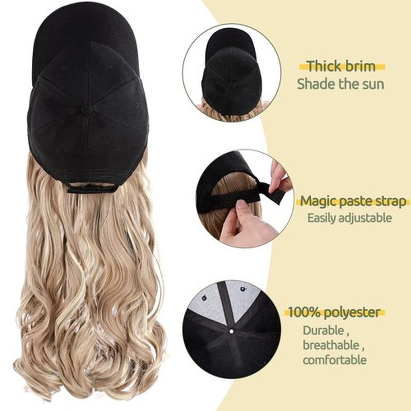 S-noilite 16" Baseball Cap with Hair Baseball Hats with Hair Attached Curly Wavy Cap Wig with Hair Extensions Adjustable Culry Baseball Hat Wig for Women (16" -Curly, Sandy Blonde & Bleach Blonde)