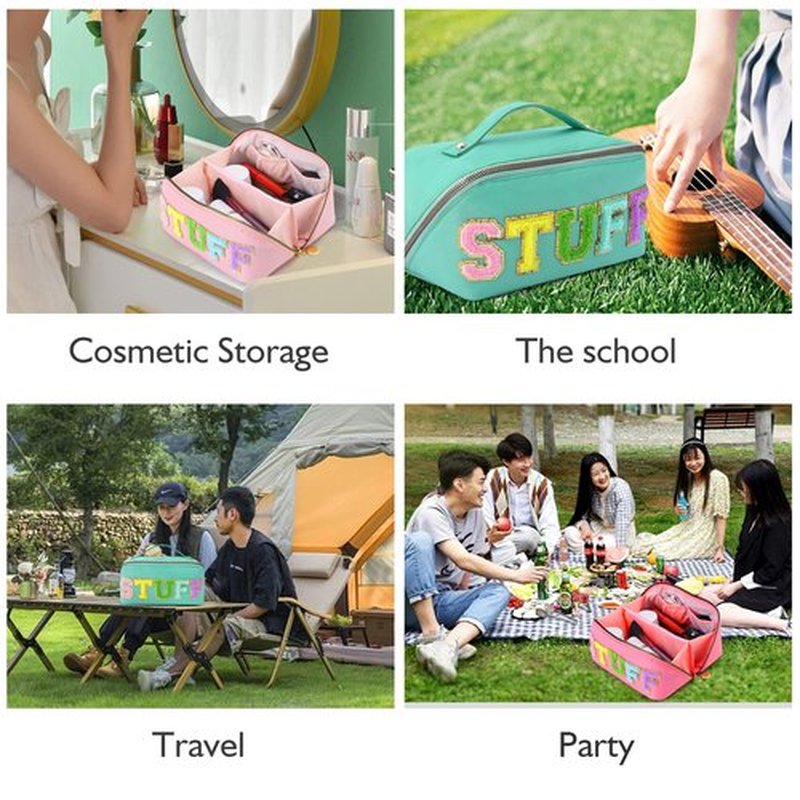 LONEDREAM 3Pcs Stoney Clover Preppy Makeup Bag, Stuff Bag Travel Makeup Cosmetic Bag, Chenille Letter Patch Open Flat Nylon Pouch, Mixed