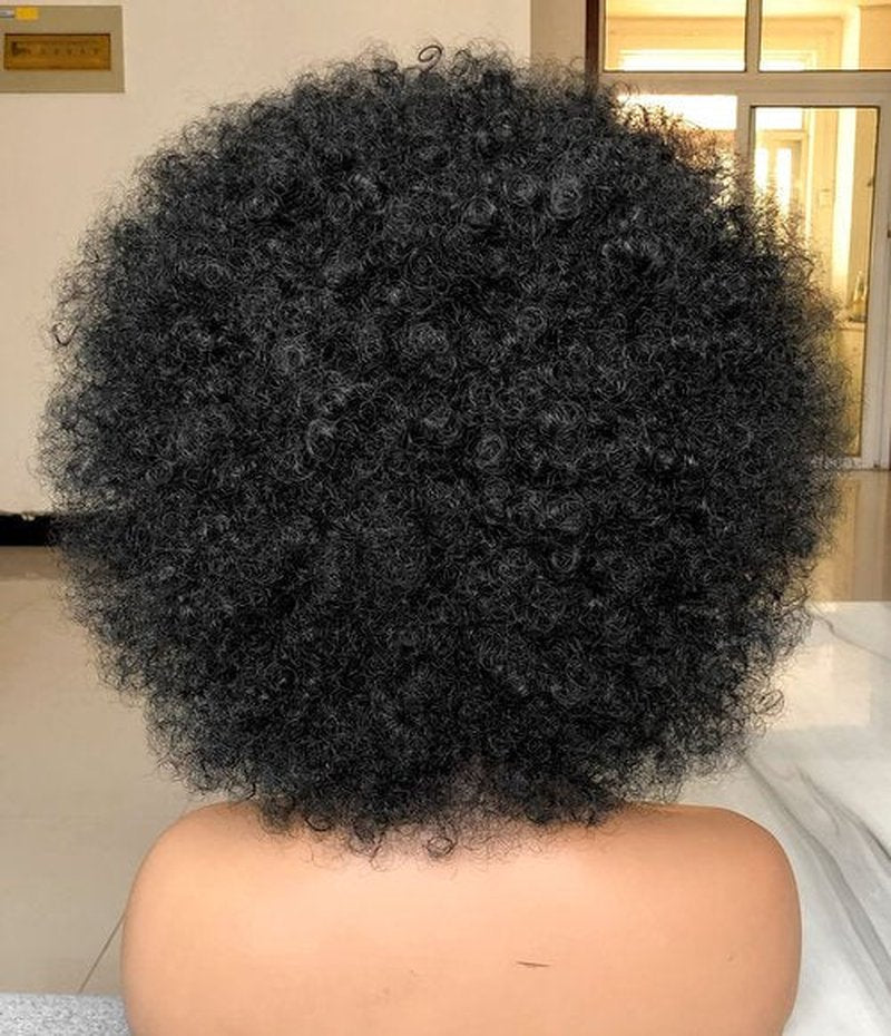 HIHOO Short Afro Wig with Bangs for Black Women Afro Kinky Curly Wig 70s Premium Synthetic Big Afro Wig(Black)