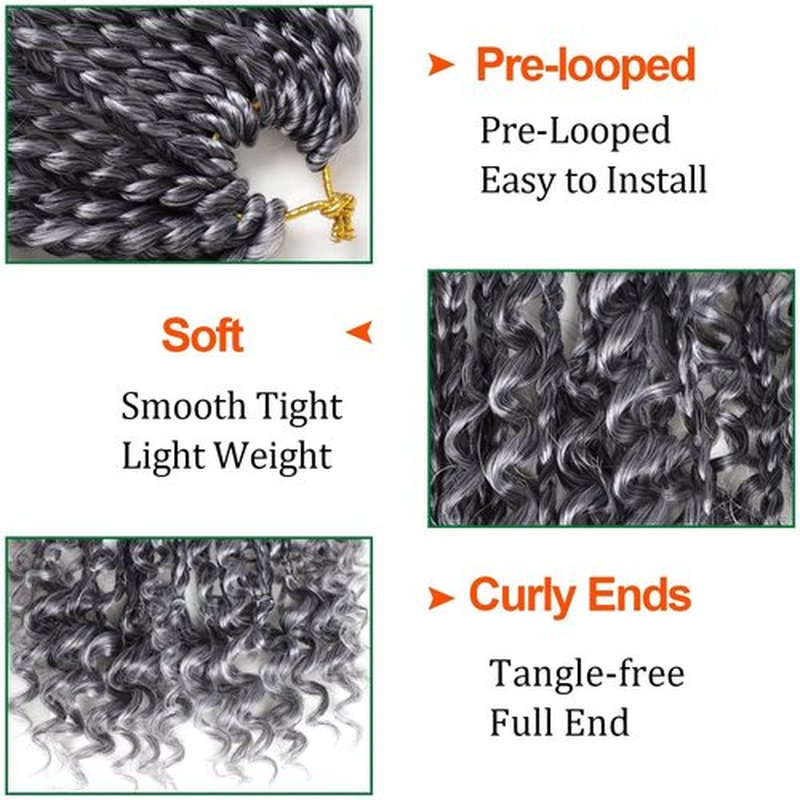 Grey Crochet Hair for Black Women 14 Inch 7 Packs Boho Box Braids Crochet Hair Pre Twisted Twist Crochet Hair Synthetic Crochet Hair with Curly Ends Goddess Braiding Hair(14 Inch, 7Packs, Gray)