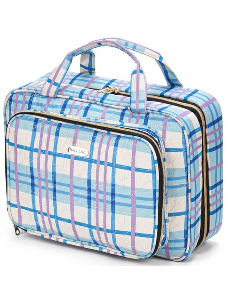 BALULHG Toiletry Bag Travel with Hanging Hook, Water-resistant Cosmetic Makeup Bag Organizer for Shampoo, Full Sized Container, Toiletries，Plaid-blue-L