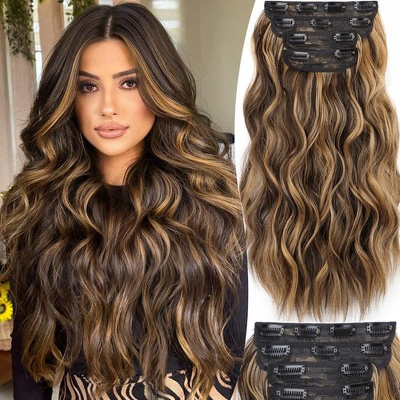 FREEMEIGE Clip in Long Wavy Synthetic Hair Extension 20 Inch Medium Brown 4PCS Thick Hairpieces Fiber Double Weft Hair for Women