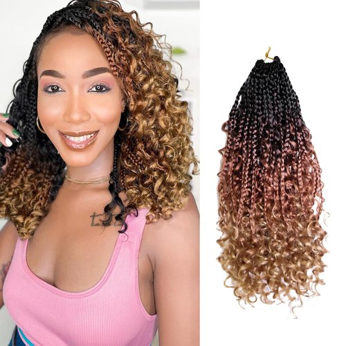 Goddess Box Braids Crochet Hair With Curly Ends 8 Packs-14 Inch Crochet Hair for Black Women Bohomian Crochet Box Braids (1b/30/27, 14inch)