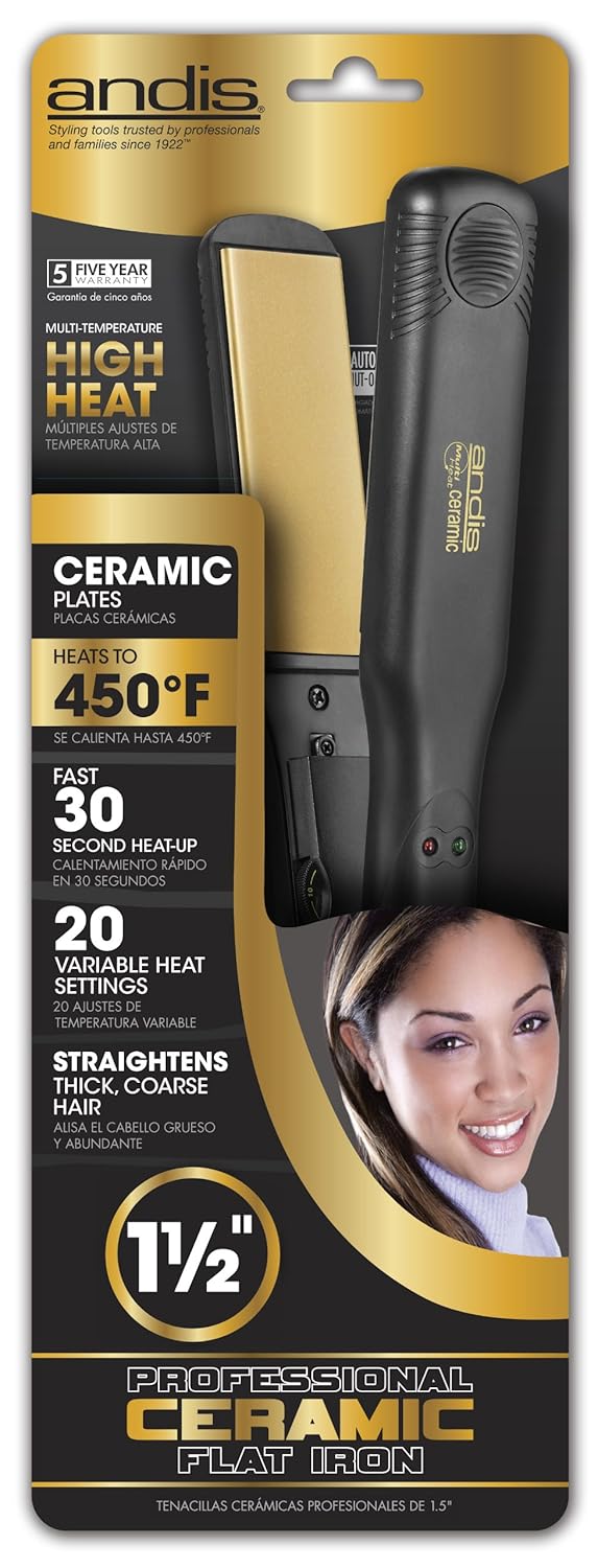 Andis 1.5-Inch Ceramic Hair Straightener - High Heat Flat Iron, Black (Model 67770)