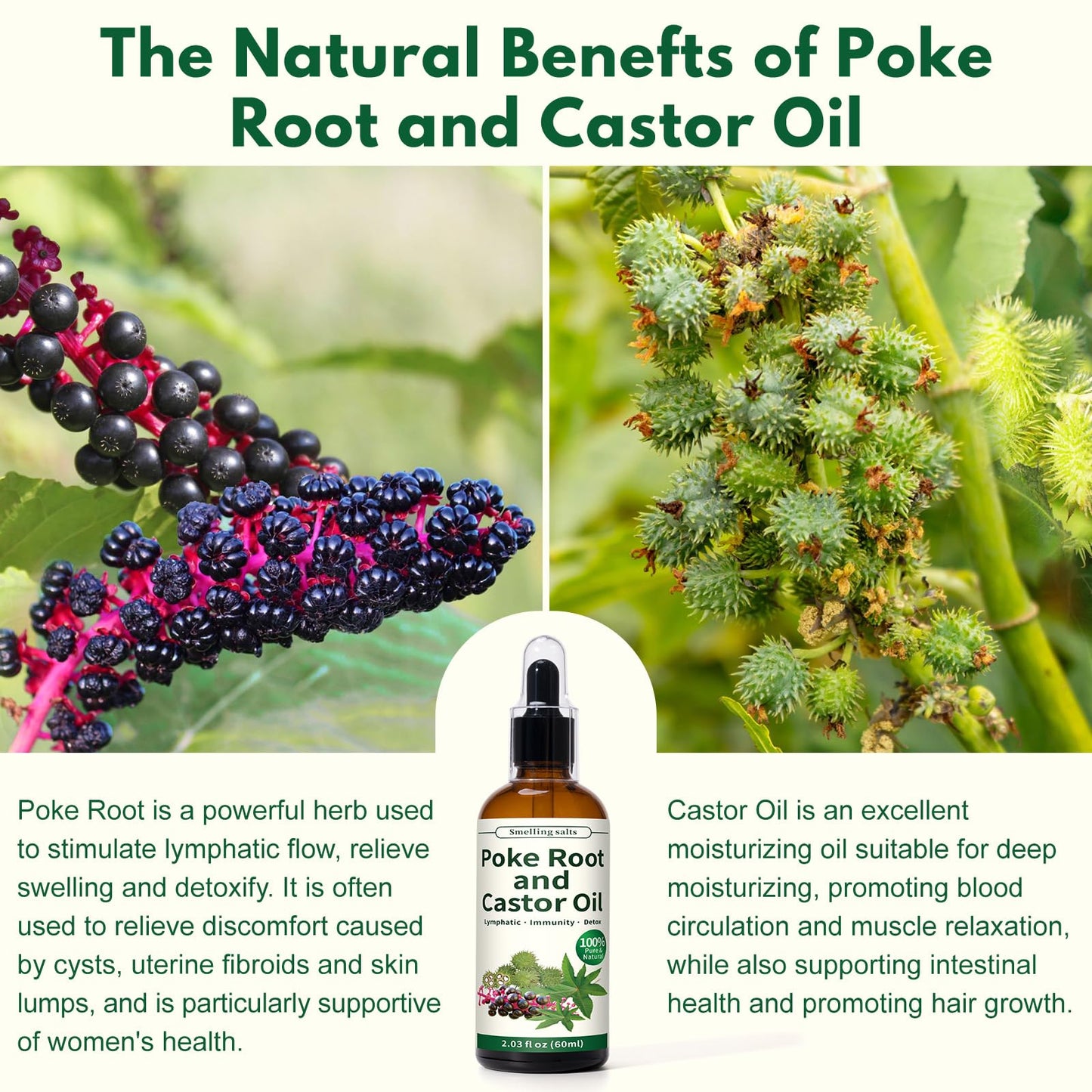 Smelling salts Poke Root and Castor Oil - 2 x 2 fl oz Poke Root Oil Organic with Vitamin E - Supports Swollen Lymph Nodes, Fibroids, Cysts, Boils, Breast and Joint Health
