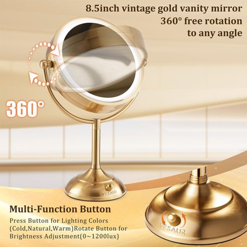 VESAUR 8.5'' Large Gold Lighted Makeup Mirror, 1X/10X Clear Seamless Magnifying Mirror, Bright Vanity Mirror with 3 Colors Dimmable Lights, Two-Sided 360°Rotation Stable Base, Luxury Nickel, Gift Box