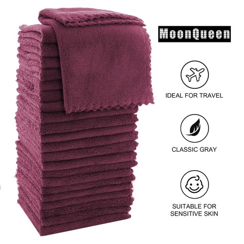 MOONQUEEN Ultra Soft Premium Washcloths Set - 12 x 12 inches - 24 Pack - Quick Drying - Highly Absorbent Coral Velvet Bathroom Wash Clothes - Use as Bath, Spa, Facial, Fingertip Towel (Burgundy)