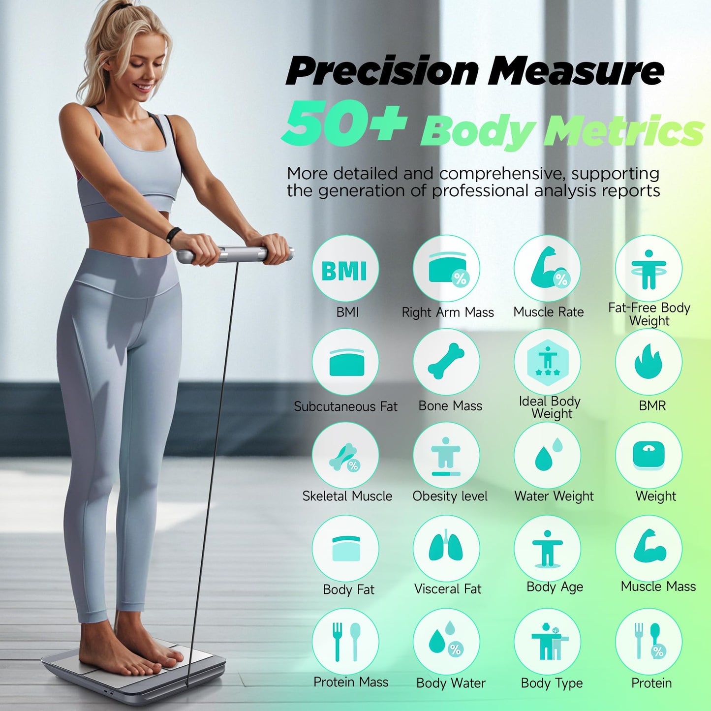 RunStar 8-Electrode Scale for Body Weight, Accurate Body Composition Scale with BMI Body Fat Muscle Mass 50+ Metrics, Rechargeable Body Analyzer with Large Screen Handle, 400lb, Silver