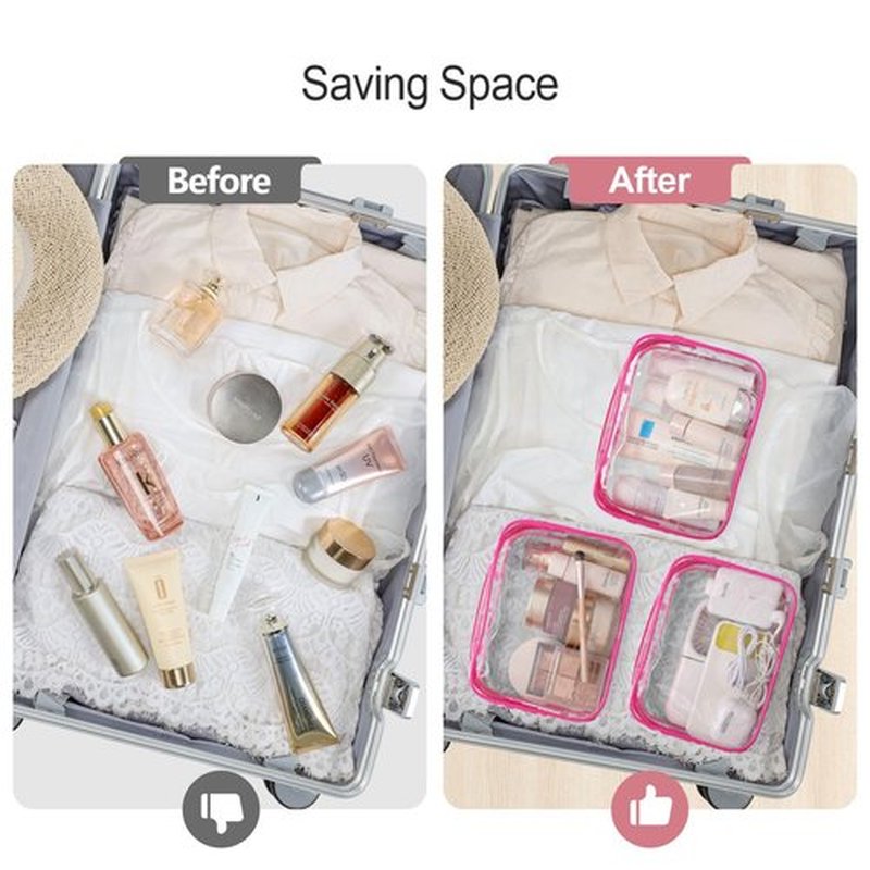 PACKISM Clear Makeup Bags - 2 Pack Quart Size Travel Bag TSA Approved Clear Travel Bags for Toiletries, Clear Cosmetic Bags Carry on Clear Toiletry Bag TSA Approved Toiletry Bags, Rose Red