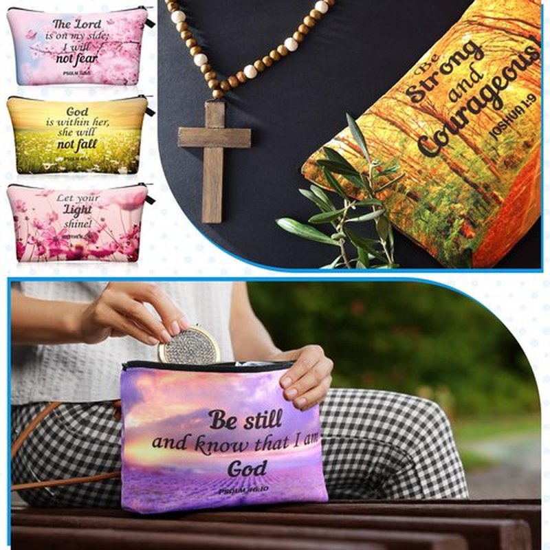 Chunful 12 Pcs Inspirational Christian Bags Bulk for Women Bible Verse Cosmetic Bag Pencil Pouch Gift Zippered Flower Organizer for Student Office Journaling Supplies, 7.48 x 4.72 Inch(Landscape)