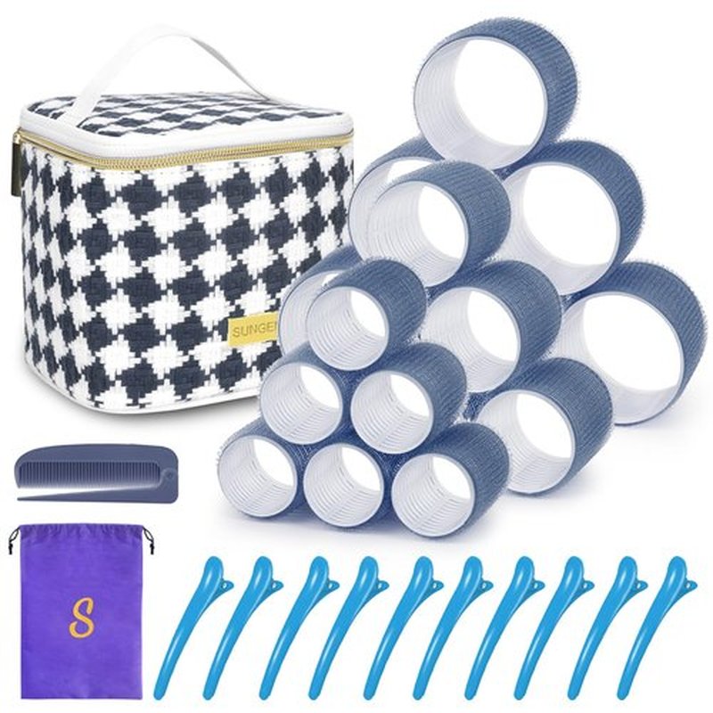 Hair Roller Set 18 pcs Heatless Self Grip Rollers With Clips and Comb, Salon Curlers for DIY Styles, 3 Navy blue Sizes in 1 Set by Sungenol