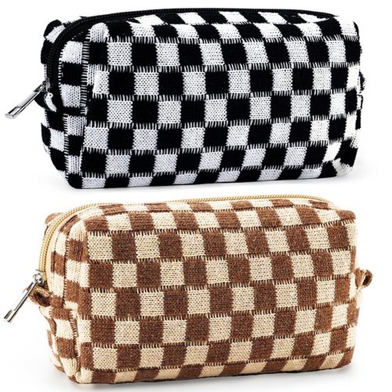 ZLFSRQ 2Pcs Checkered Makeup Bag for Women Medium Travel Cosmetic Bag Makeup Pouch for Purse Zipper Toiletry Bag Organizer Cute Y2K Aesthetic Trendy Adults Makeup Brushes Storage Case(Black/Brown)
