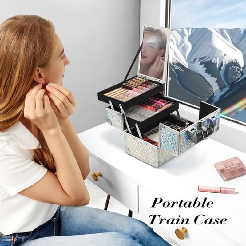 FRENESSA Makeup Train Case Cosmetic Organizer Case Portable Makeup Box with Mirror 2 Trays Lockable Make up Travel Storage Case for Makeup Artist, Nail Kits, Makeup Tools Makeup Case Chic Silver