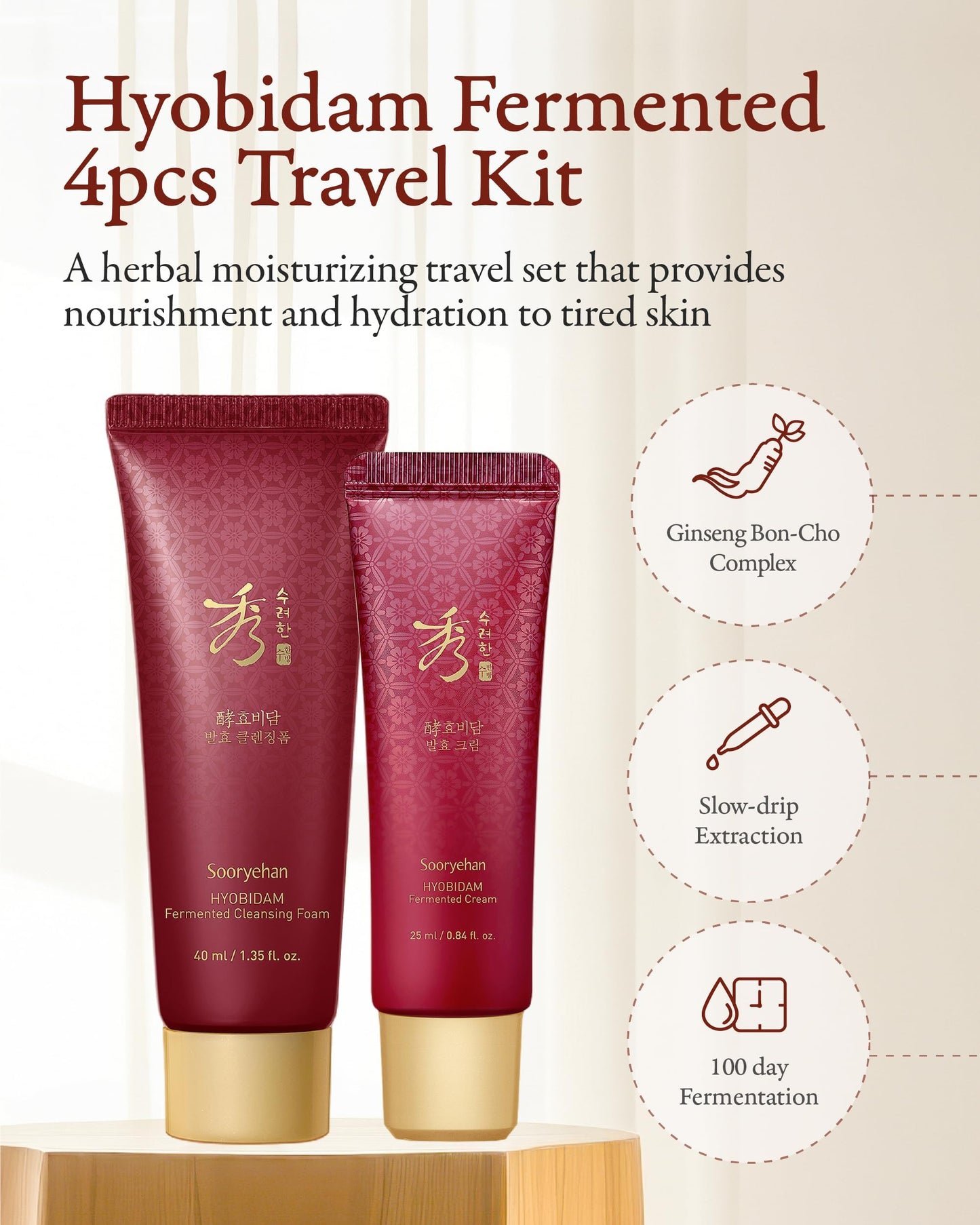 Sooryehan Hyobidam Fermented Skincare Trial Kit (Pack of 4) - Korean Skincare Miniature Set: Toner, Emulsion, Cream & Cleansing Foam - Hydration & Elasticity, Travel Size Gift Set