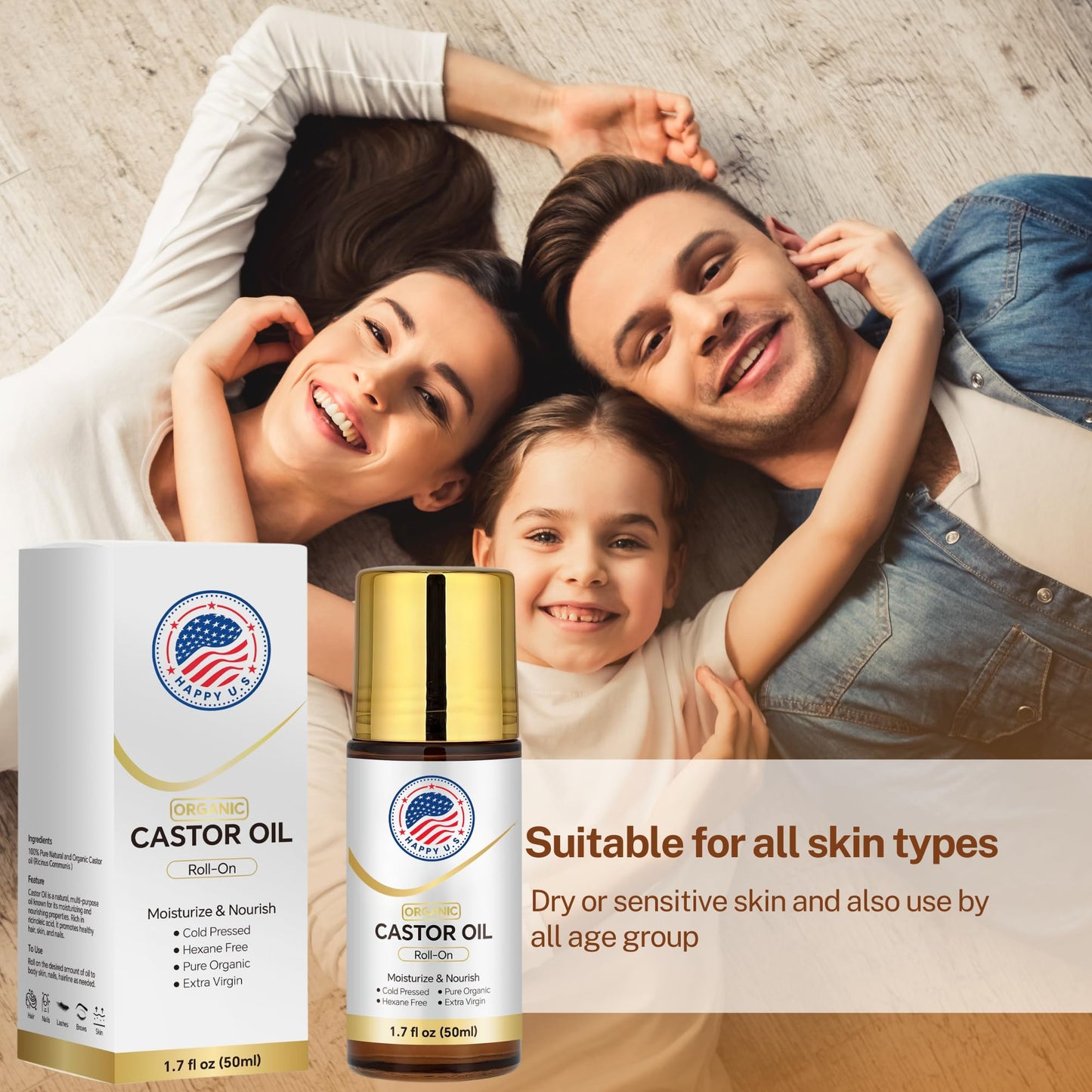 Happy U.S Organic Castor Oil Roll On For Face and Body, Cold Pressed, 100% Pure Hexane Free Castor Oil, Unrefined - Stimulate Hair Growth, Moisturize Skin, Wrinkles Dark Circles Beauty Rollerball
