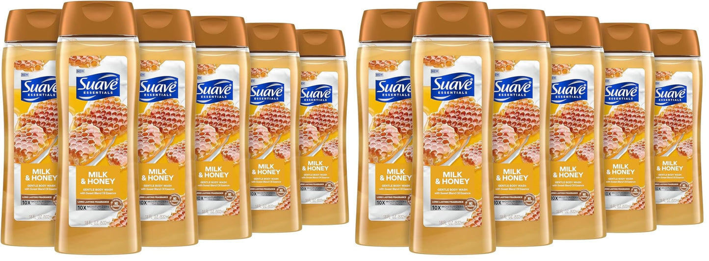 Suave Moisturizing Body Wash, with Milk & Honey and Vitamin E Extract, No Parabens, No Phtahaltes, 18 Oz (Pack of 12)
