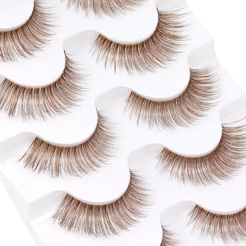 Veleasha Brown Lashes Cat Eye Lashes Wispy Faux Mink Lashes 100% Handmade Natural Look False Eyelashes with Clear Band Lightweight Fluffy False Eyelashes 5 Pairs Pack(Brown03)