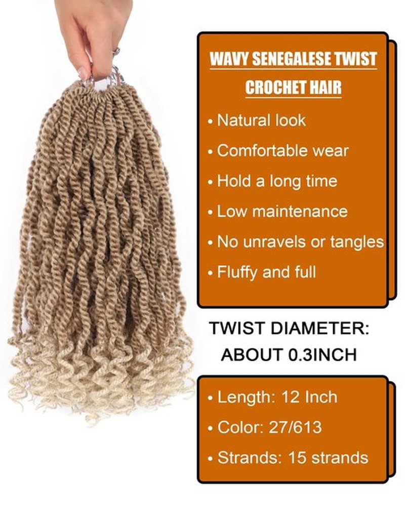 Blonde Crochet Hair for Black Women Wavy Senegalese Twist Crochet Hair 12 Inch Short Pre Looed Crochet Kinky Twists 8 Packs 2 Tone Crochet Braids with Curly Ends（12 Inch,27/613）