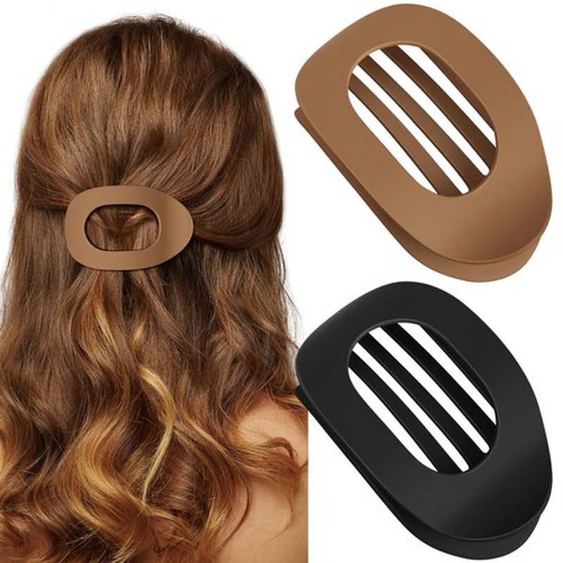 Oeusnael 2 PCS Flat Hair Clips, French Round Lay Down Claw Clips for Women Girls, Matte Non-slip Strong Hold Hair Clips for Thick Thin Curly Hair, Comfortable Curved Flat Hair Clips, Cream & Black