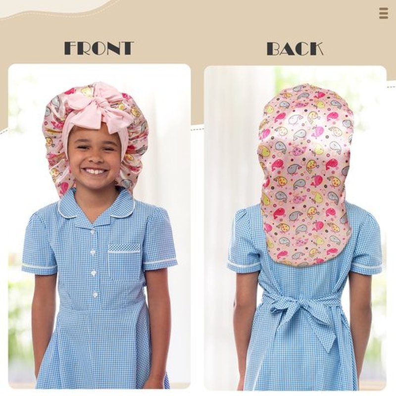 Kids Long Hair Bonnet for Sleeping - Double Layer Girls Elastic Satin Bonnet with Tie Band for Braid Curly Hair (Whales+Beige)