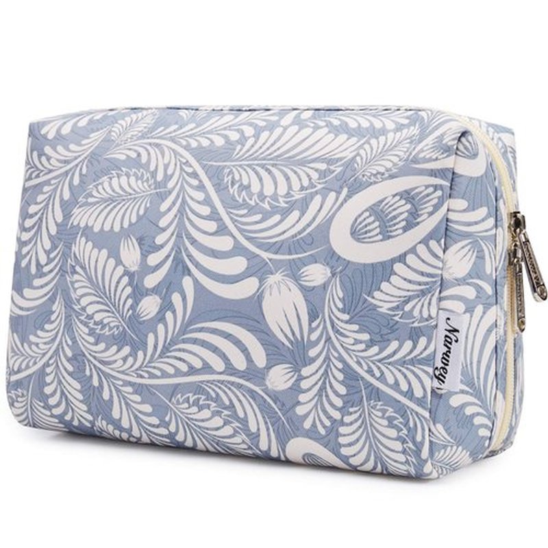 Narwey Large Makeup Bag Zipper Pouch Travel Cosmetic Bag Organizer for Women (Large, Blue Leaf)