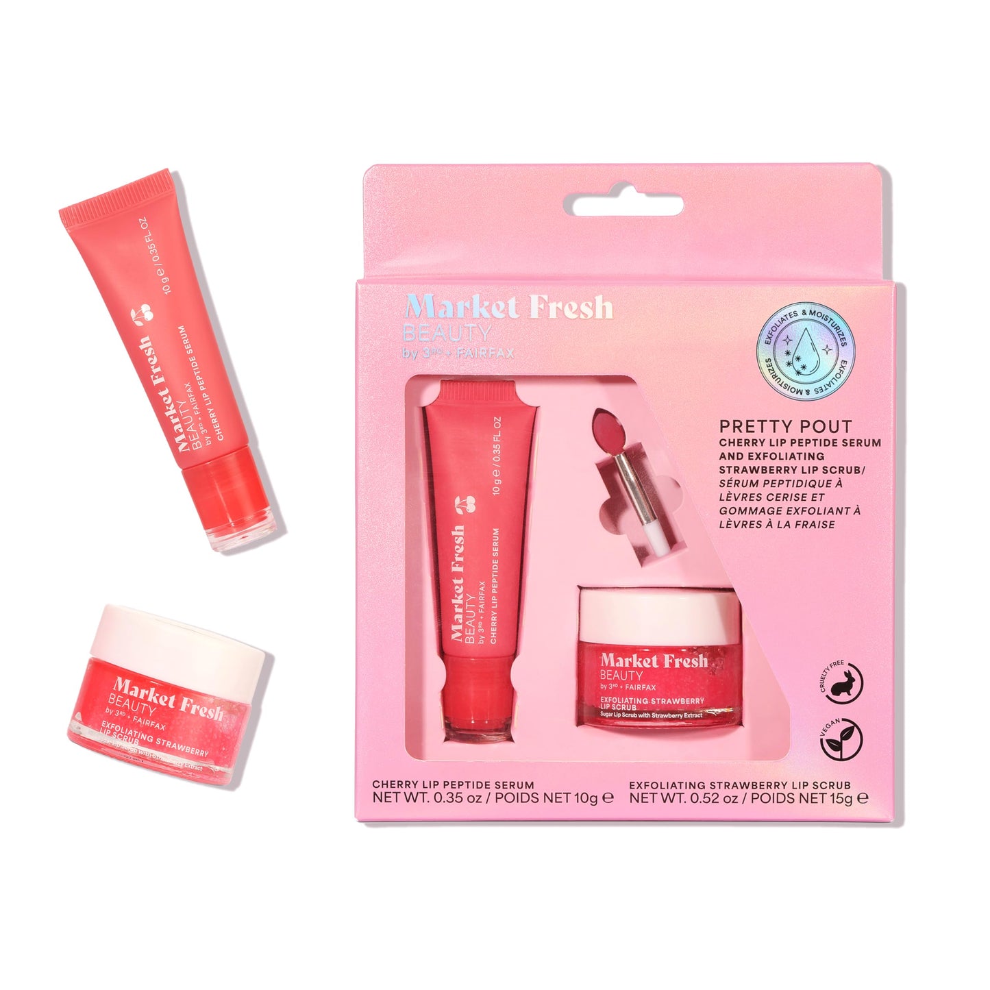 Market Fresh Beauty Lip Peptide Treatment - with Exfoliating Strawberry Scrub and Cherry Serum - for Hydrating, Plumping, Clean Beauty Lip Care