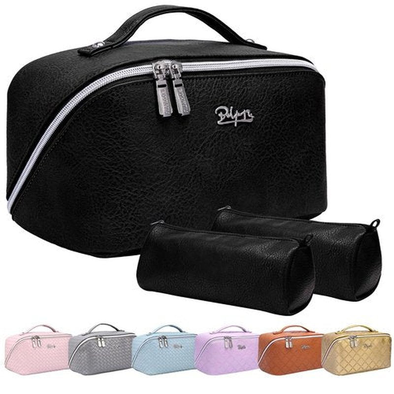 Travel Makeup Bags Cosmetic Organizer Bag: 3-Set Large Capacity Make up Bag - PU Leather Toiletry Bag for Women - Wide Open Portable Pouch with Divider & Handle (10-Black)