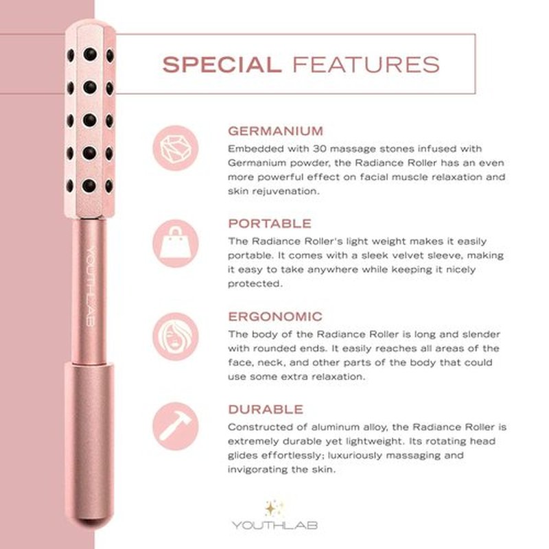 YouthLab Radiance Roller - Germanium Stone Uplifting Face Beauty Massage Tool /Roller/Wand for Skin Tightening/Firming, De-Puffing, Sculpt/Lift, Anti-Aging (Rose Gold)