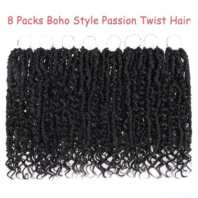 Leeven 10 Inch Goddess Passion Twist Crochet Hair 8 Packs Boho Style Crochet Twist Pre Twisted Bomb Twist Curly Ends Black Pre Looped Bohemian Synthetic Braids for Women #1B