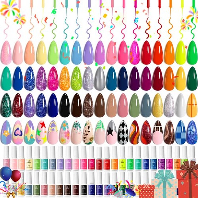 beetles Gel Polish Liner Nail Art Set, 50 Colors Reflective Glitter Pink Red Blue Green Silver Gel Polish Soak Off UV Built Thin Brush in Bottle Nail Design Polish Rainbow Nails