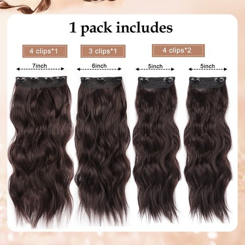 4pc Dark Brown Hair Extensions Clip in Synthetic Long Wavy Thick Hairpieces for women Double Weft Natural Hair Extensions (20INCH, 6A)