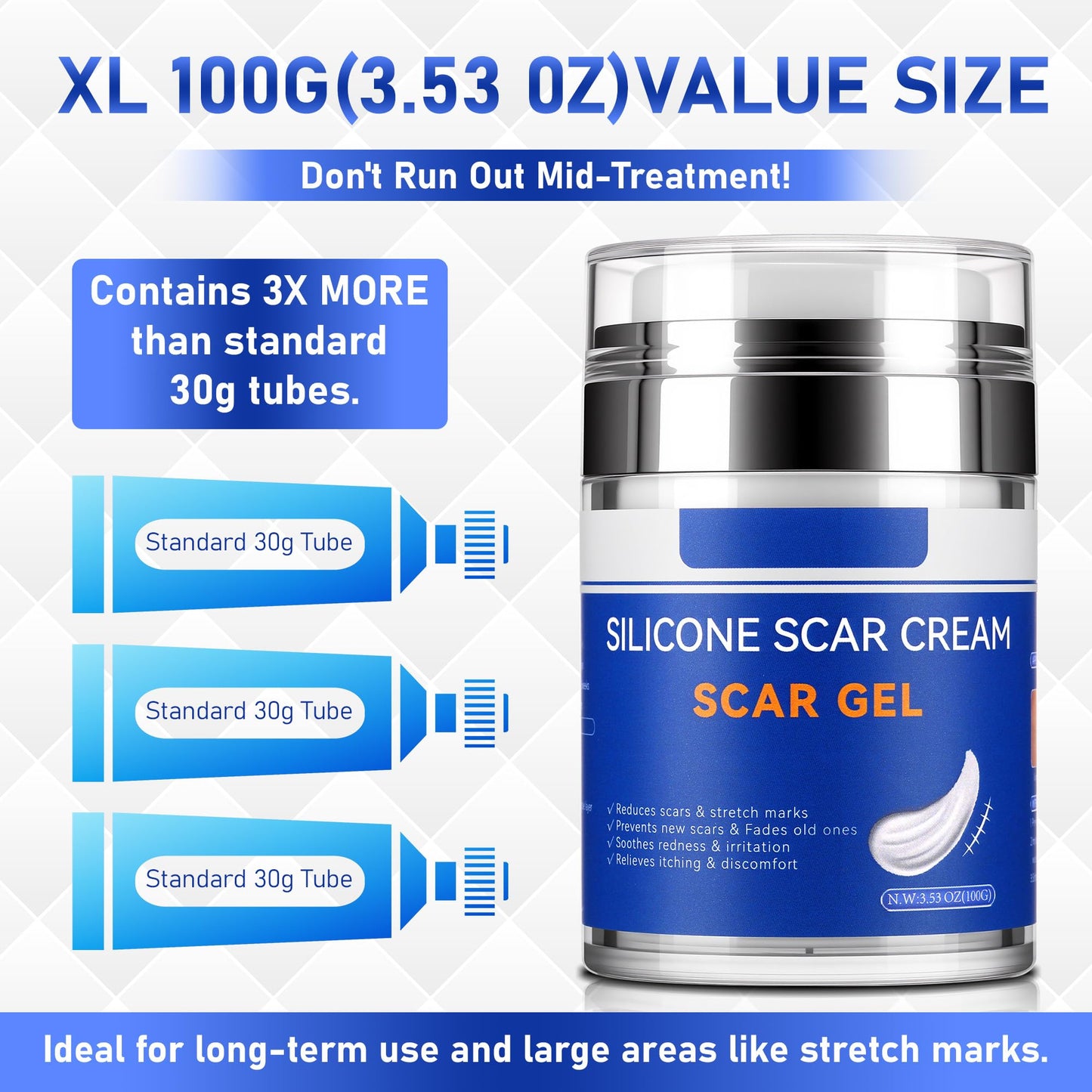 Crobirware Silicone Scar Cream Gel - [3.53 oz / 100g] Jumbo Value Pack - Advanced Gel for Old & New Scars, C-Section, Stretch Marks, Surgery, Acne, Burns, Keloids - Face & Body