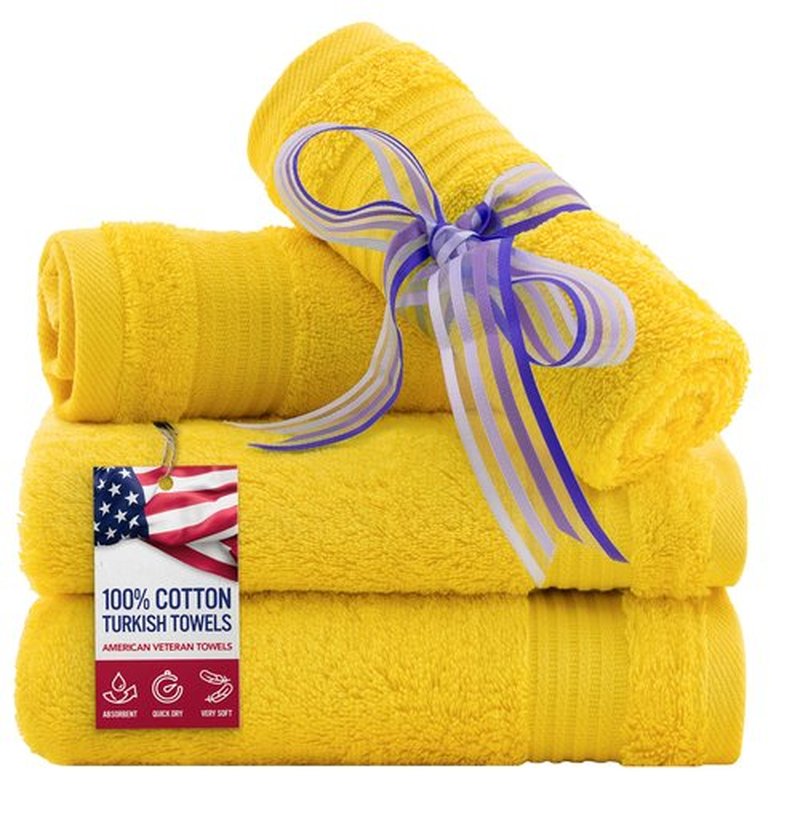 American Veteran Towel, 100% Cotton Turkish Washcloths for Bathroom Essentials 4 Pack, Soft Absorbent Wash Cloths Quick Drying Small Towels Washrags, Yellow